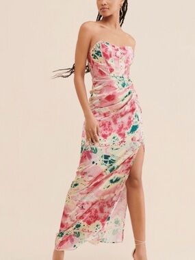 Strapless Pink Floral Side-Slit Maxi Dress